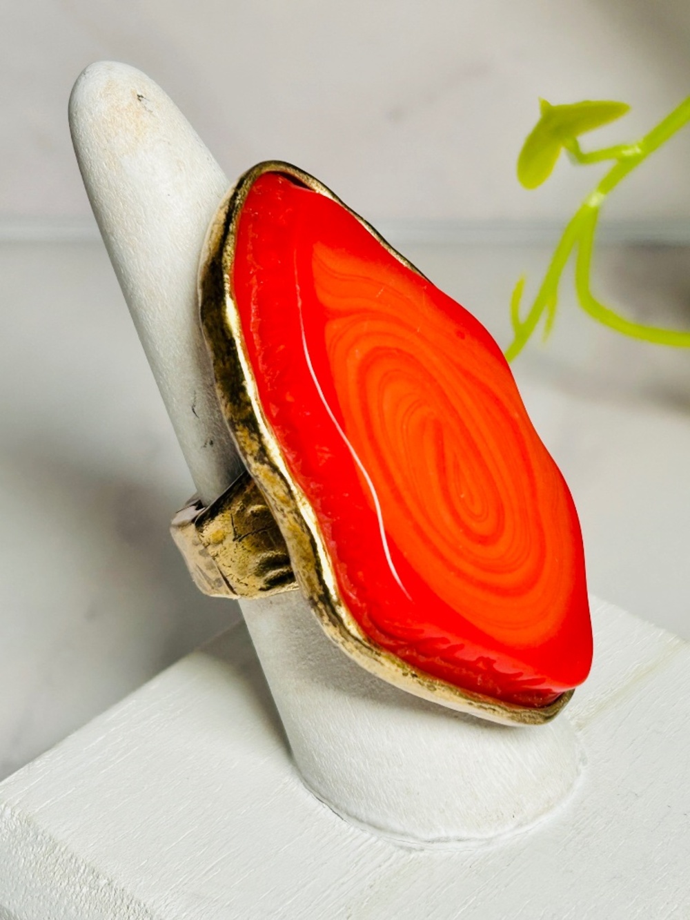 Chico’s bright red orange banded agate stone adjustable ring aged bronze tone